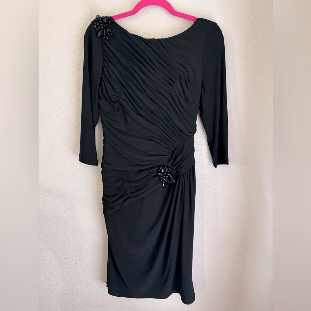 Adrianna Papell Occasions Black Beaded Ruched Bodycon Midi Cocktail Dress 8